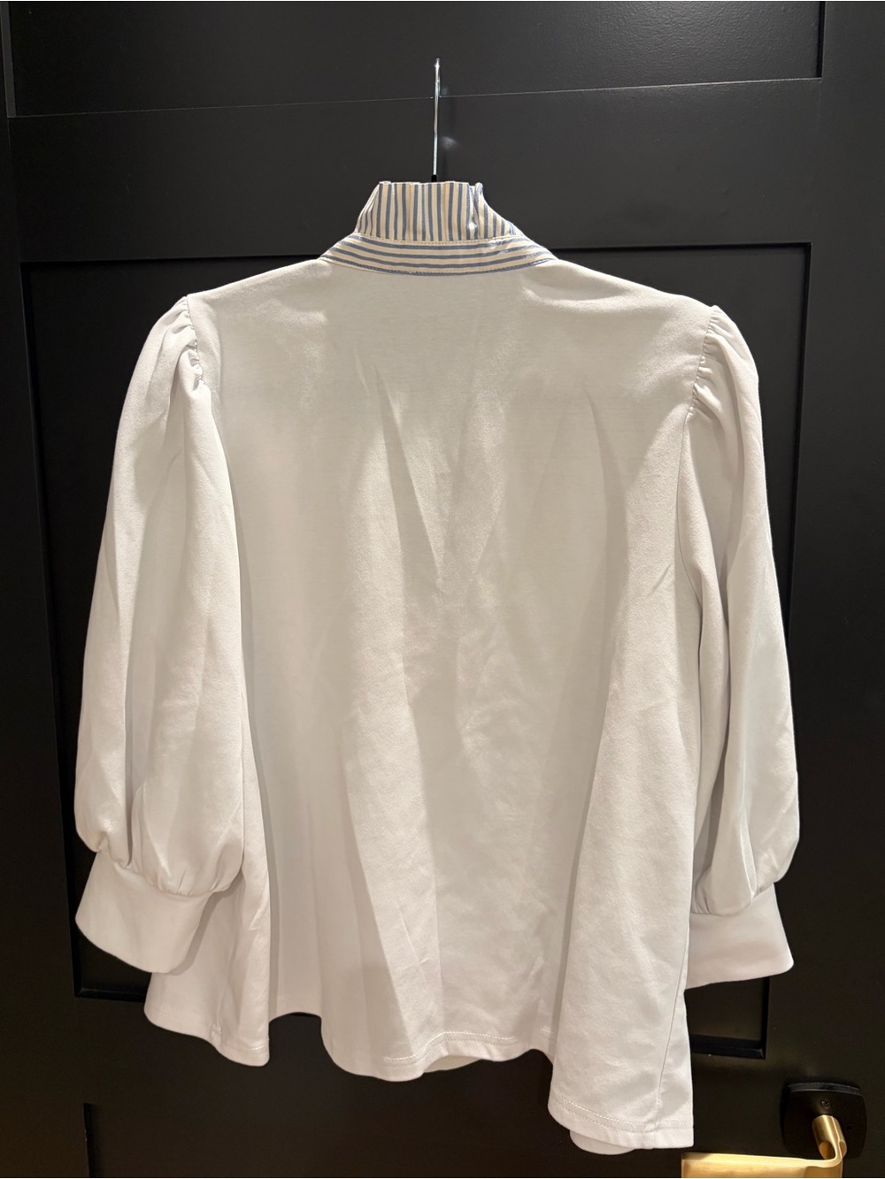 entro White Polo with Blue-Striped Ruffle Collar and Puff Sleeves - Picture 2 of 5